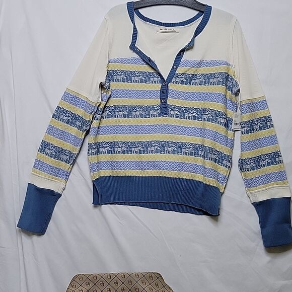 NEW XL FREE PEOPLE BLUE YELLOW CREAM NORDIC BUTTON SWEATER Apres Ski NWT - Picture 4 of 14